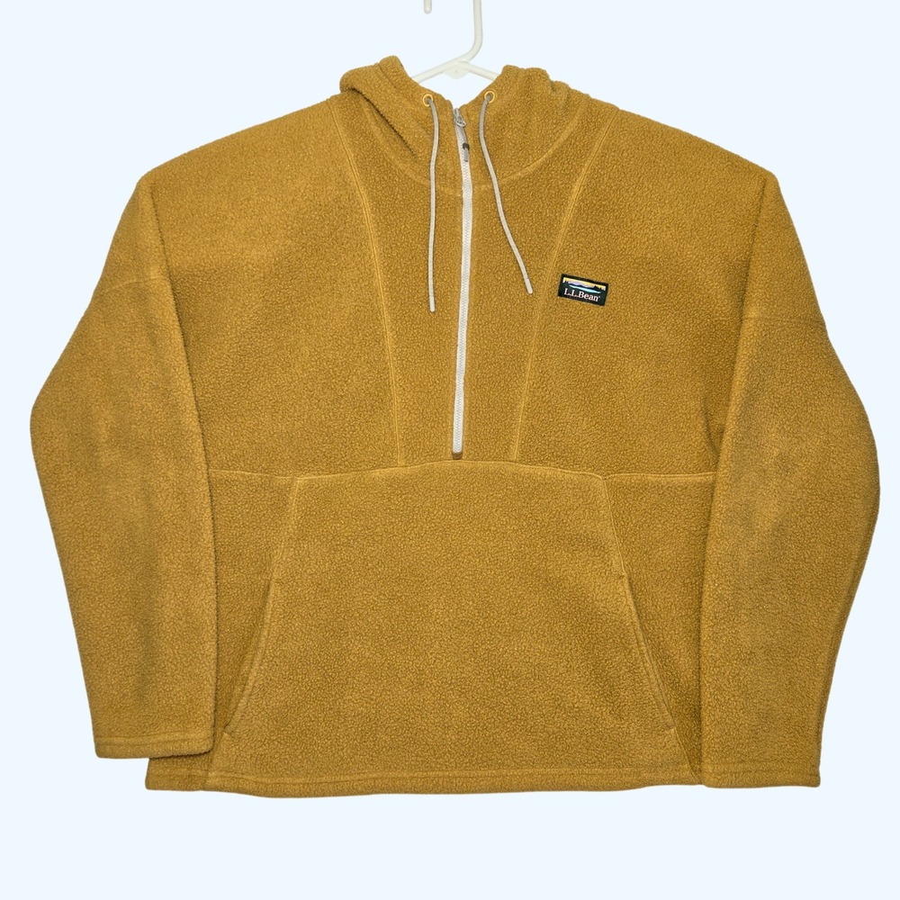LL Bean Katahdin Fleece 1/2 Zip Hoodie Sherpa Mustard Yellow Womens Large 511655
